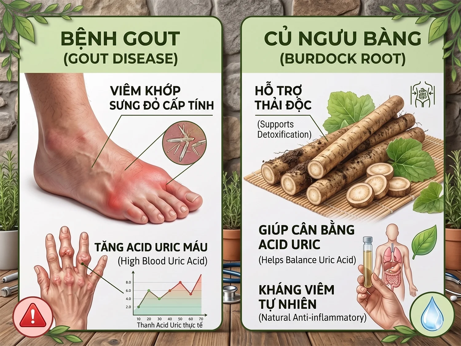 Bệnh gout uống ngưu bàng có giảm acid uric không? 3 cơ chế và cách dùng đúng
