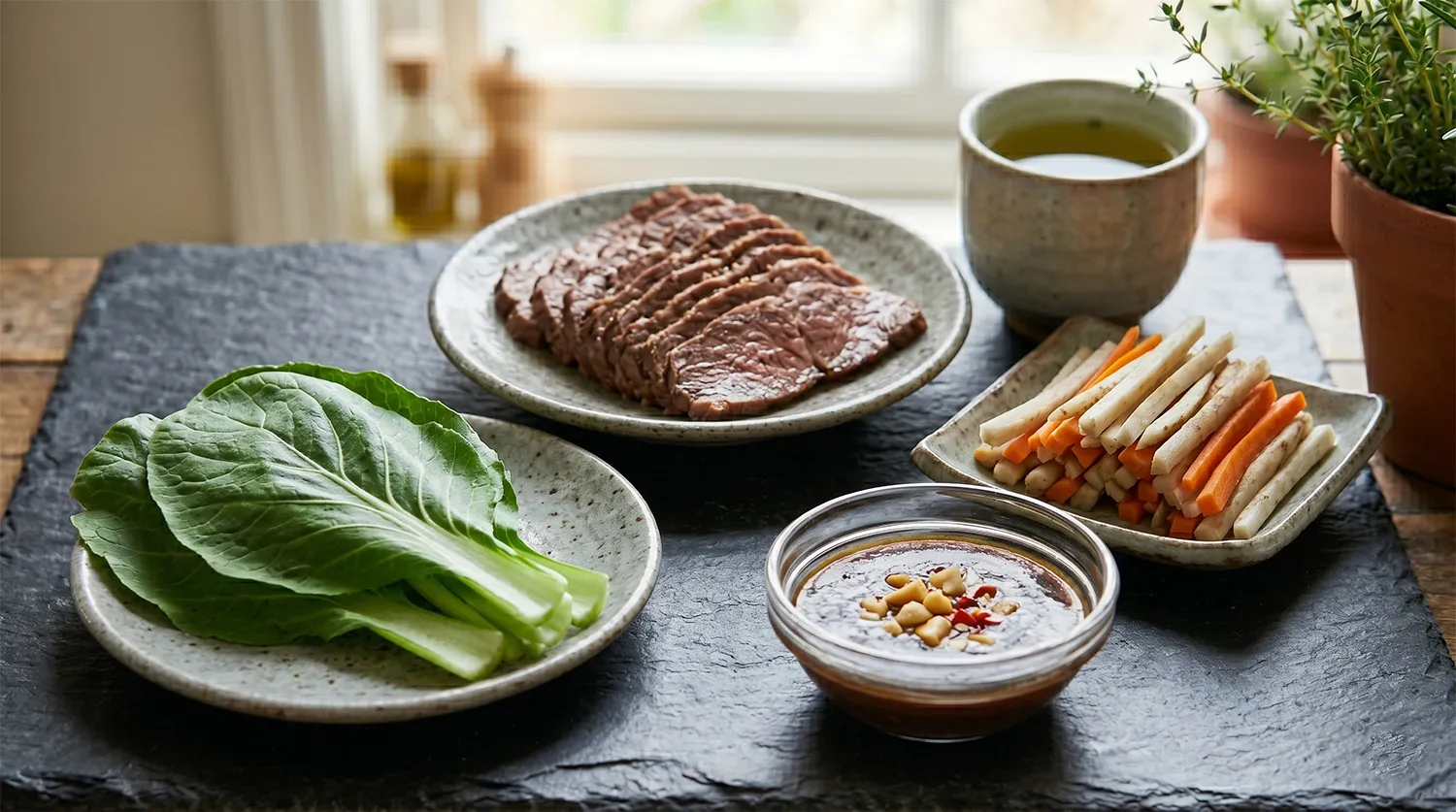 Bò cuốn ngưu bàng tươi giòn rau thơm chấm tương hoisin nhẹ thanh
