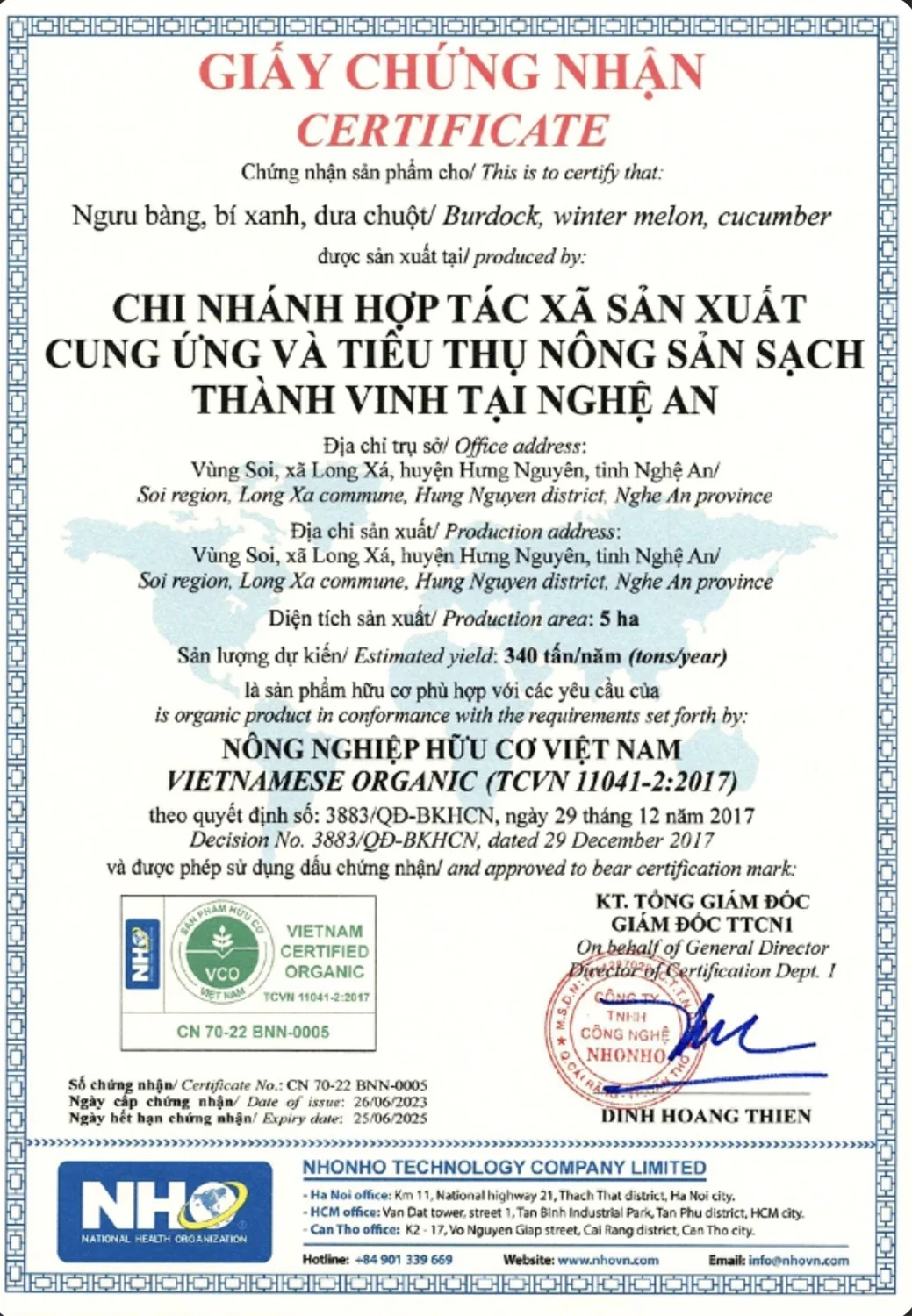 Chứng nhận hữu cơ HTX Thành Vinh — đảm bảo an toàn không tác dụng phụ từ hóa chất