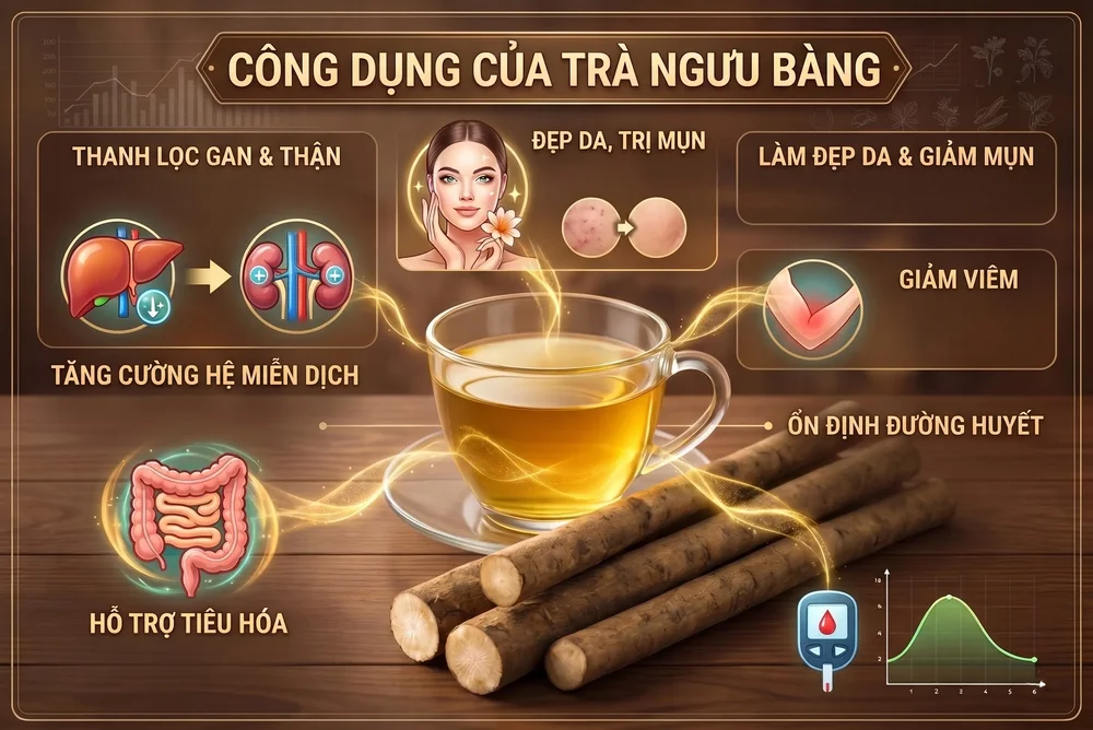 Infographic 8 tác dụng của trà ngưu bàng đối với sức khỏe được khoa học chứng minh