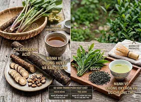 So sánh polyphenol ngưu bàng chlorogenic acid và trà xanh EGCG — cơ chế chống oxy hóa và tác động vi sinh đường ruột
