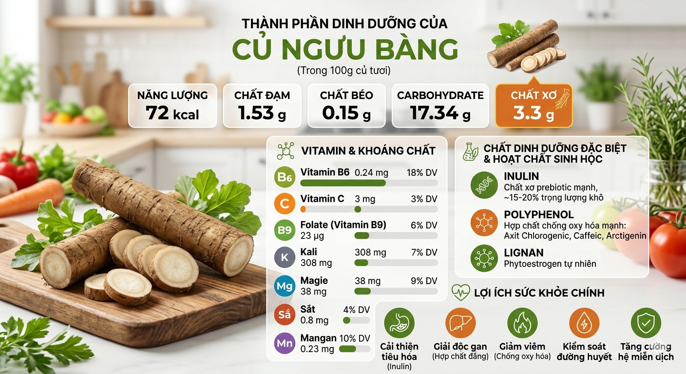 thành phần dinh dưỡng củ ngưu bàng 100g vitamin khoáng chất inulin