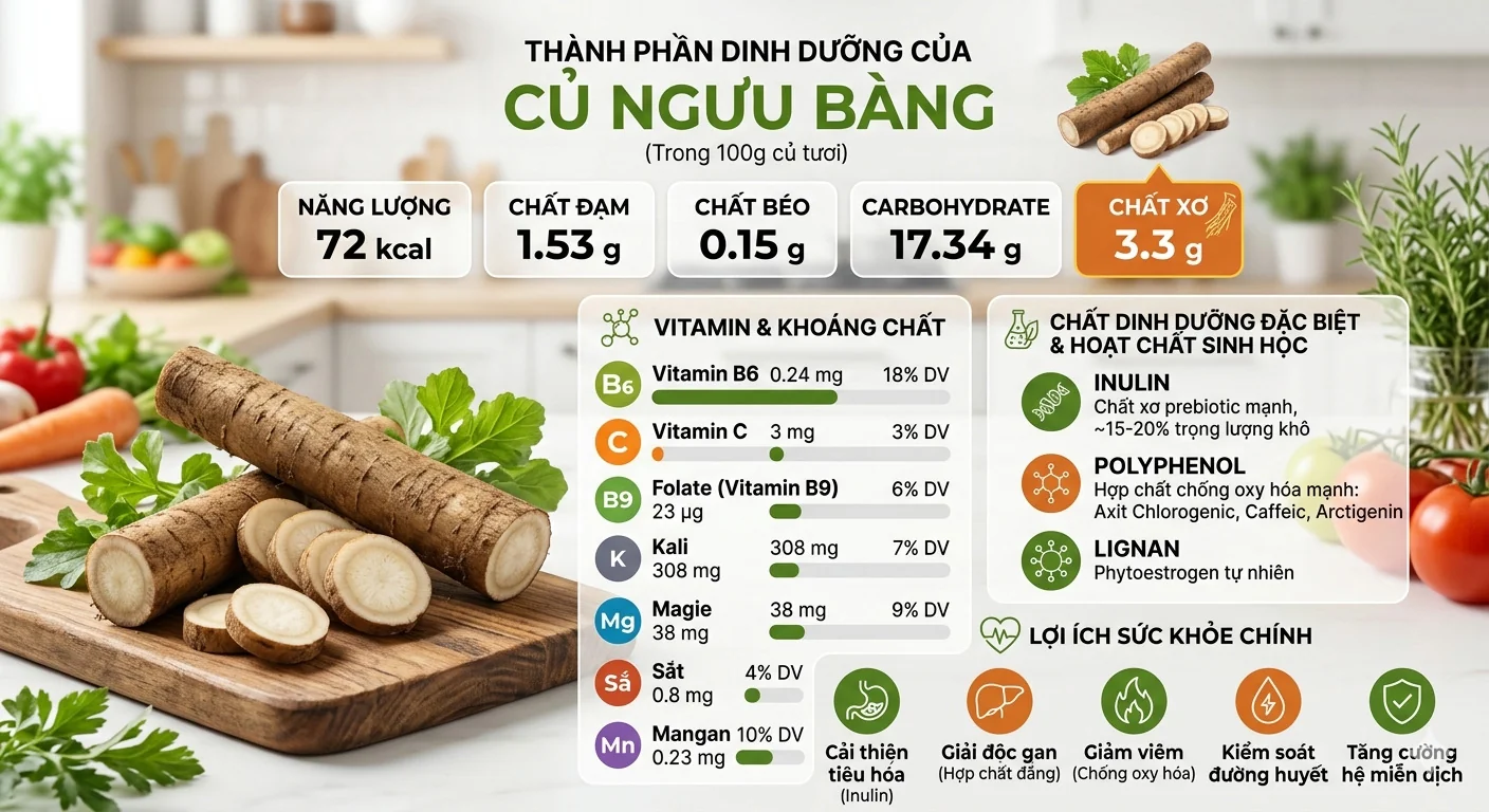 thành phần dinh dưỡng củ ngưu bàng 100g vitamin khoáng chất inulin
