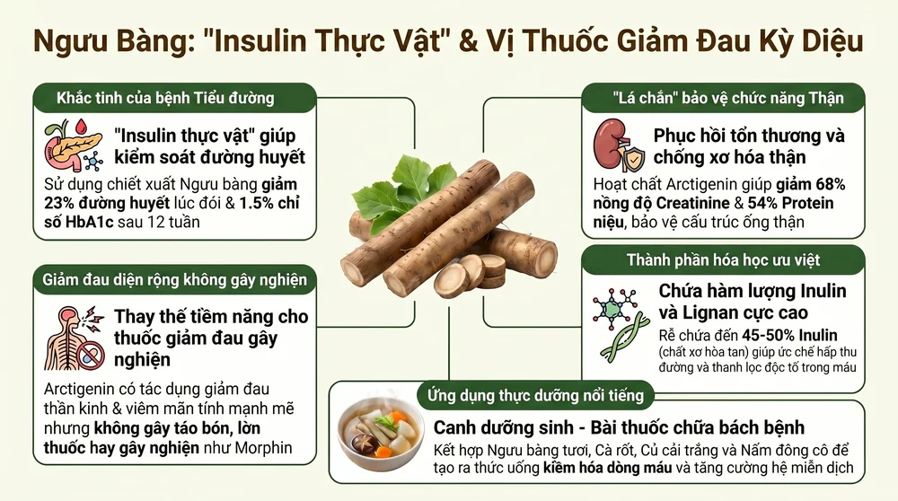 Infographic công dụng hợp chất Lignans củ ngưu bàng insulin thực vật giảm đau tiểu đường thận